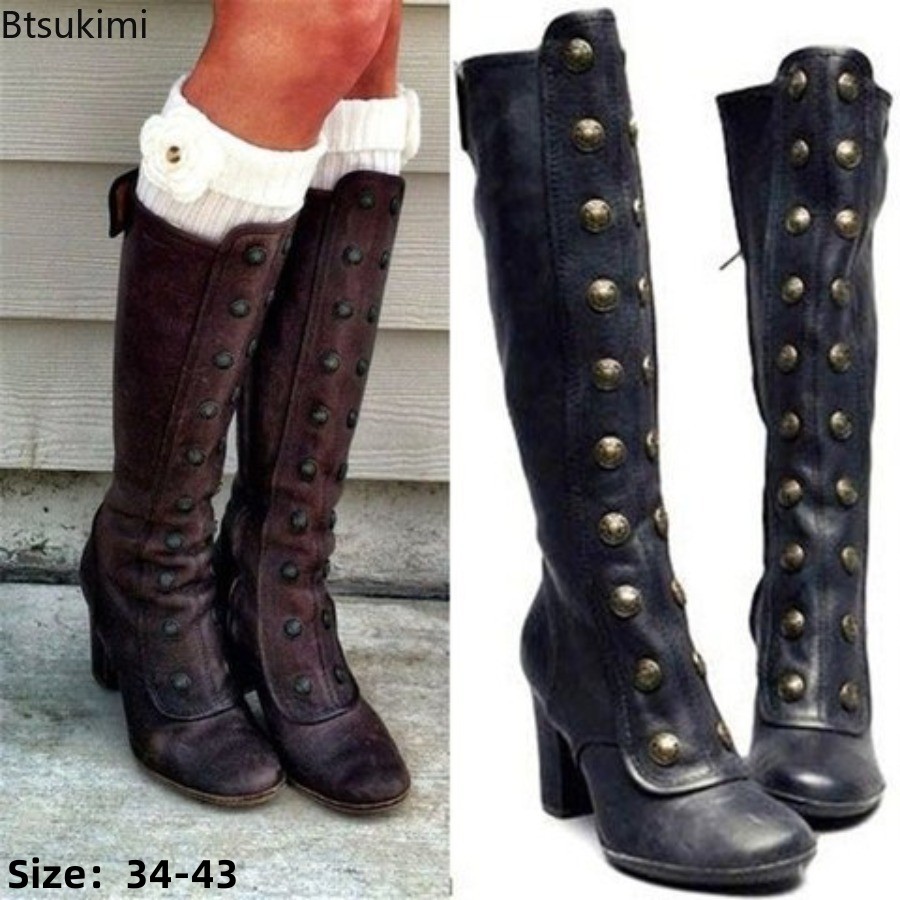 Winter Clothing Material - Botas Retrô Pretas com Rebites e
